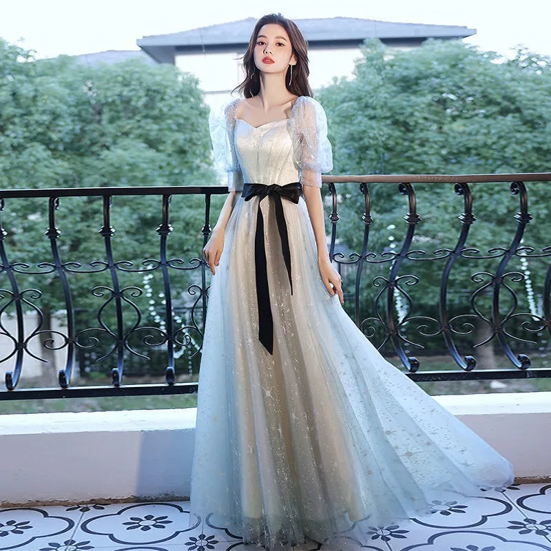 

Новинка 2025, женское весеннее светло-голубое банкетное вечернее платье, модное и тонкое, на заказ, закрывающее живот, платье с бретельками сзади