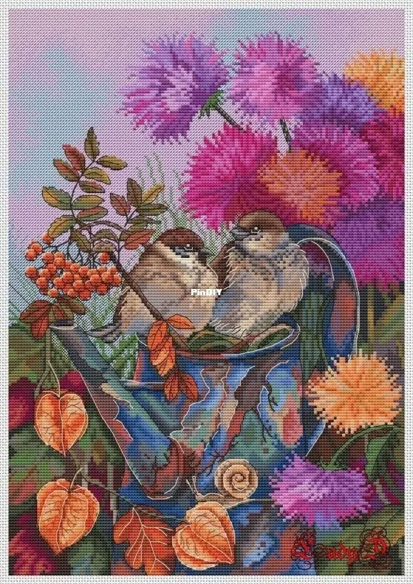 DIY needle work Sparrows in Garden 35-46 Cross Stitch Set Counted Cross Stitch Kit  28ct 14ct 32ct Metallic aida