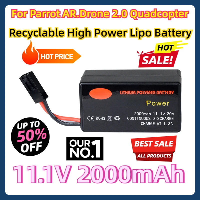 For Drone Battery 11.1V 2000mAh Recyclable High Power Lipo Battery Designed for Parrot AR.Drone 2.0 Quadcopter Long Flight Time