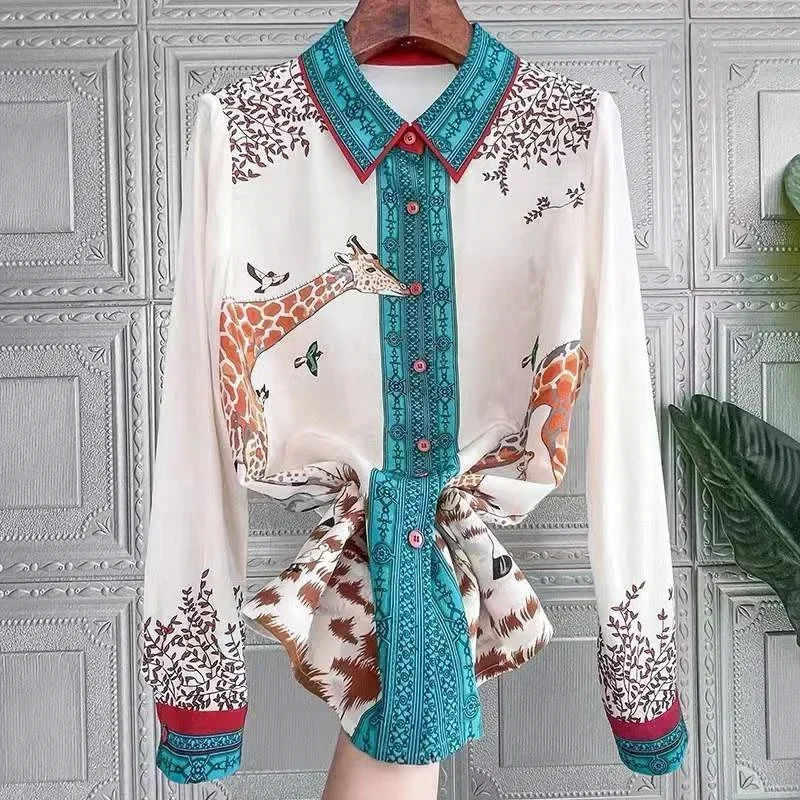 S-3XL Vintage Print Women Blouses Runway Baroque Elegant Office Ladies Long Sleeve Shirts Tops Blusas De Mujer Блузки