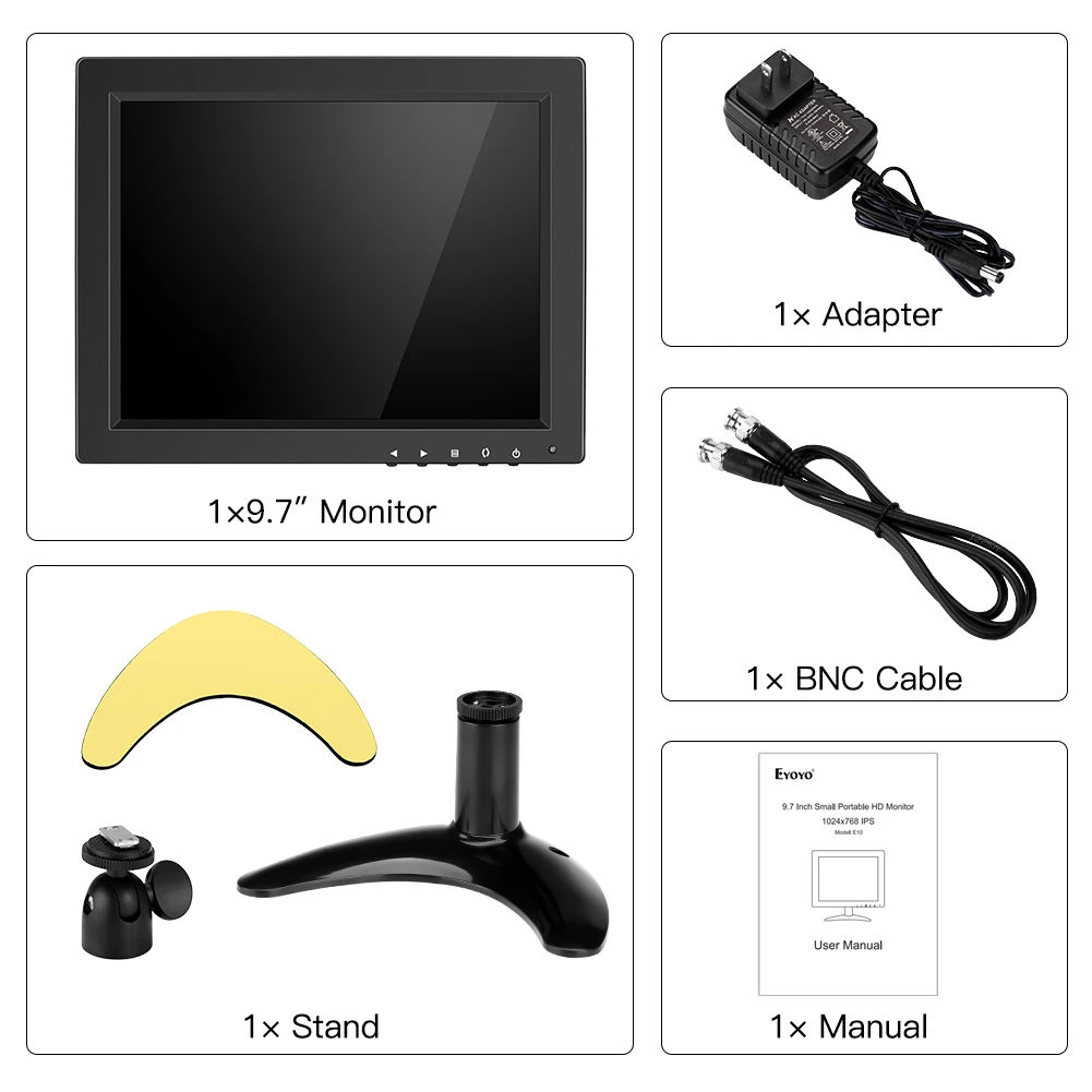 Eyoyo-Petit moniteur d'ordinateur externe EM10O, 10 ", 1024x768, 60Hz, PC, système de vidéosurveillance, boîtier TV, entrée HDMI, VGA, AV, BNC