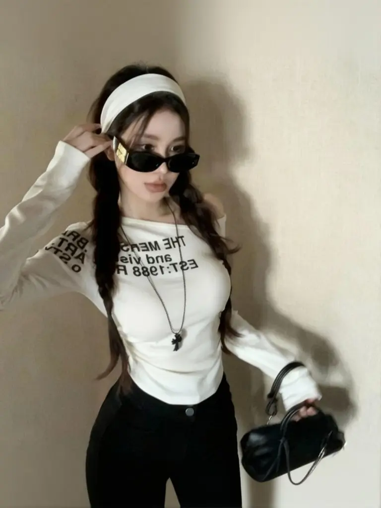 Y2k Txt Print One Shoulder T Shirts Women Off-shoulder Long Sleeve Top Women Brushed Fleece Body Basic Tees Spring Outwear