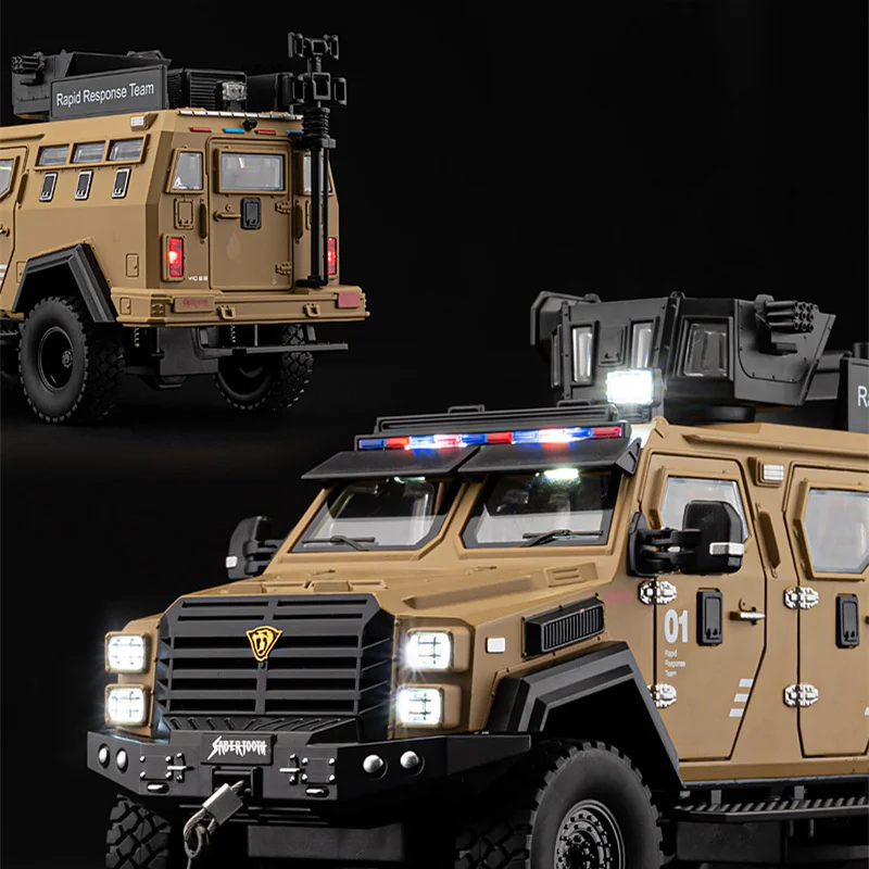 1:24 liga espada dentado tigre à prova de explosão modelo de carro diecast polícia blindado veículos fora de estrada modelo de carro som luz crianças brinquedo