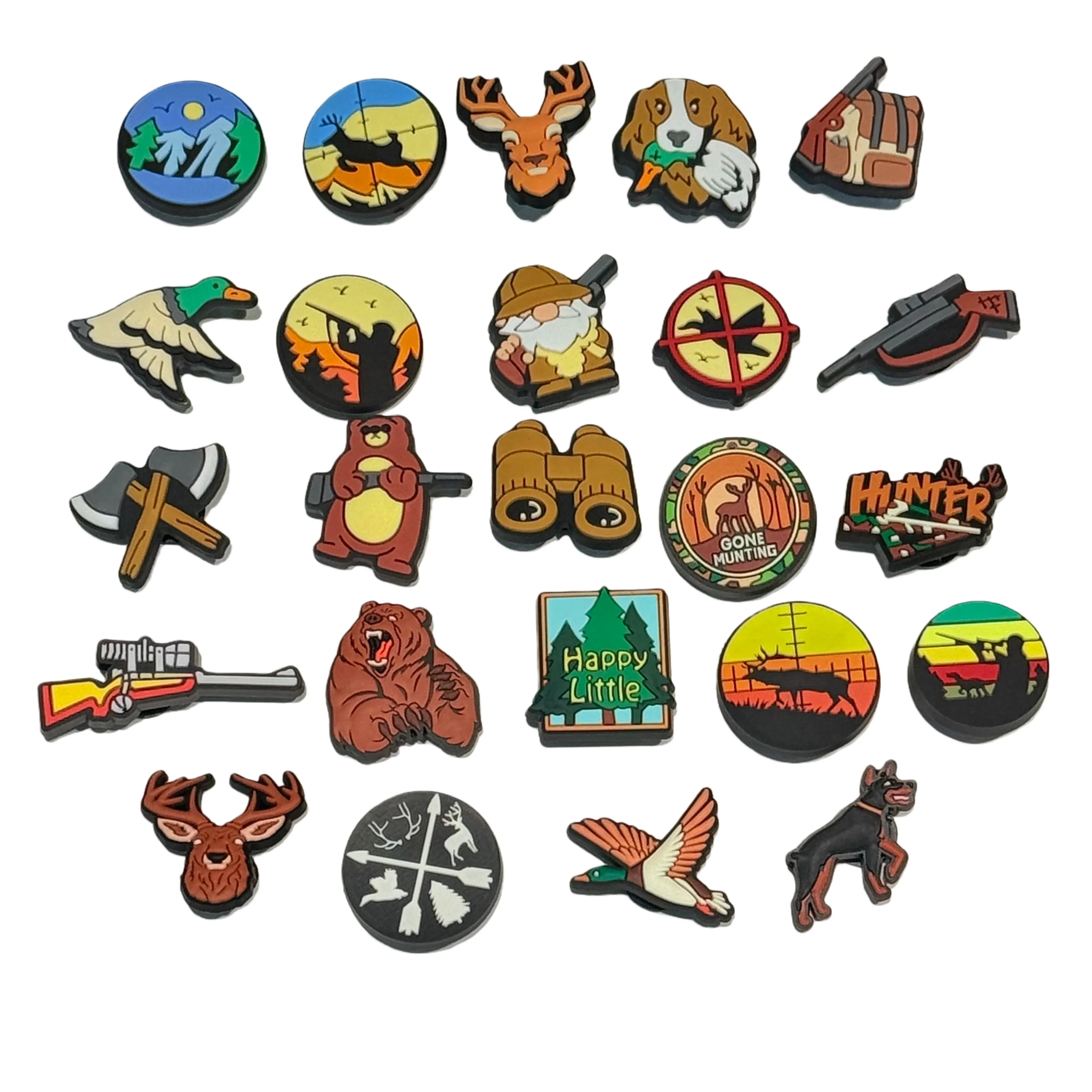 12-100pcs Deer Telescope Gun Hunter Bear Dog PVC Shoe Charms DIY Accessories Sandals Garden Shoes Buckle Decoration Man Gift