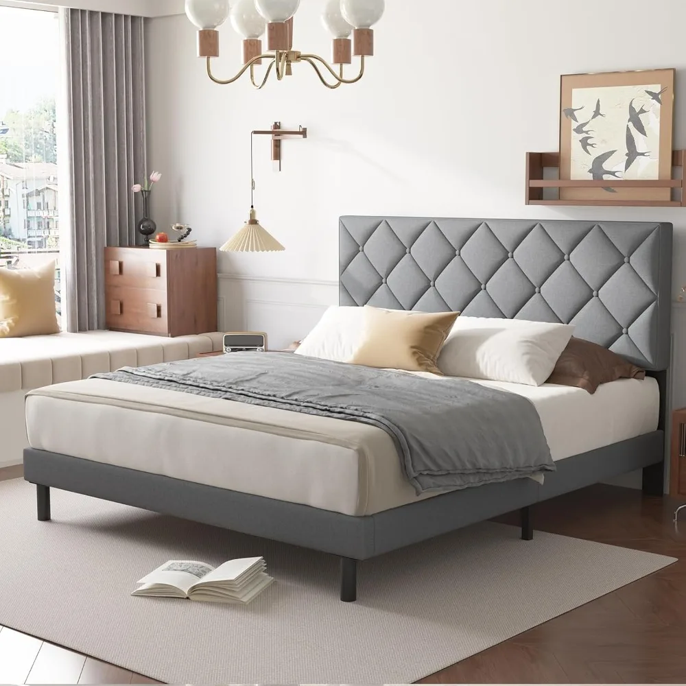 

Queen Upholstered Bed Frames with Headboard and Durable Wooden Slats, Platforms Design, Mattress Support, Light Gray Bed Frame