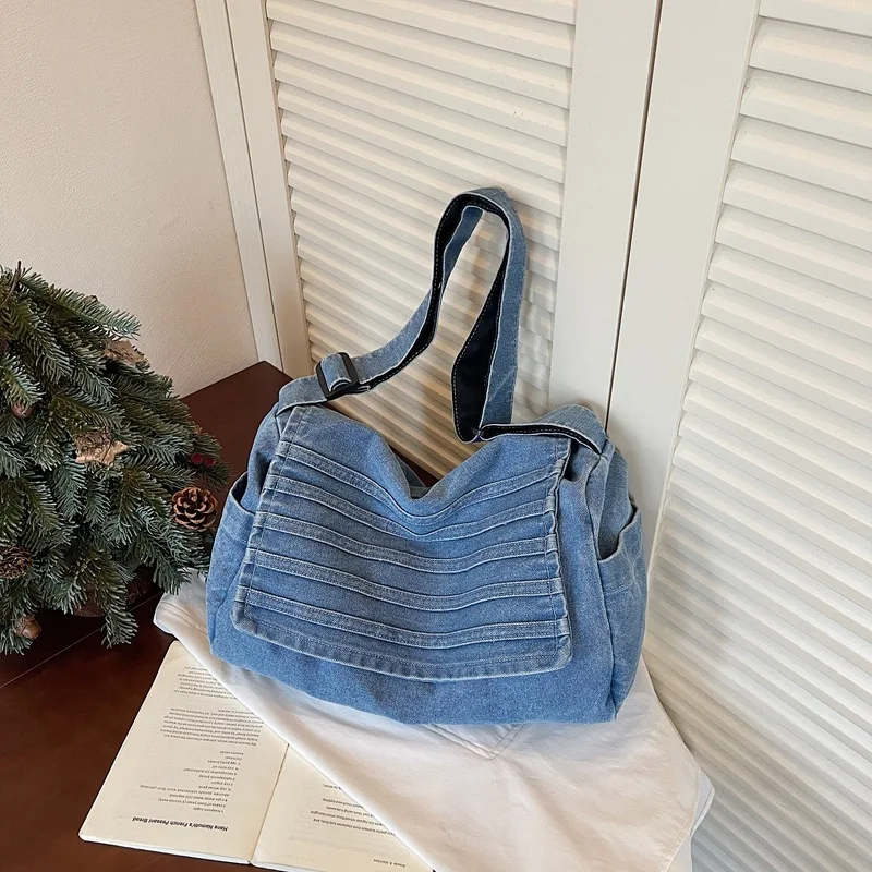 Harajuku Style Denim Shoulder Bags for Women Vintage Thread Design Ladies Adjustable Crossbody Bag Simple Girls Handbags Tote