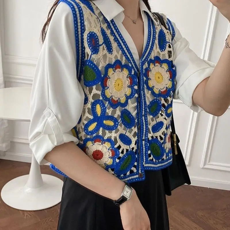 Sweet Women Summer Waistcoats Sleeveless Button Crochet Cardigan Korean Tops