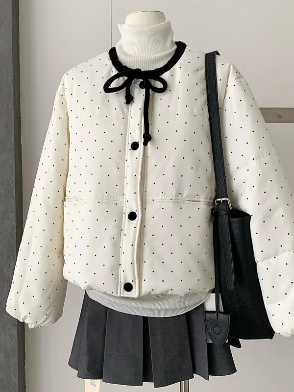 

Korean Sle Sweet Polka Dot Thiened Cotton Jaet Women's Faion Design Winter New Arrival Versatile Belted Outerwear