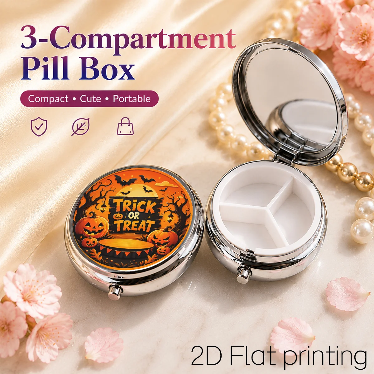 1Pc, Flat Printing Pill Box with Halloween Pumpkin Black Background Slogan Theme, Holiday Illustration Design - Three-Compartment Portable Metal Design - Storage - Portable Safety Box - Compact Jewelry Box - Small Items - Personal Medication Pill Organizer.