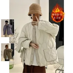 Korean Style Color Block Quilted down Cotton Jacket Large Size Women's Winter Anti-Aging Versatile Warm round Neck Cotton Coat