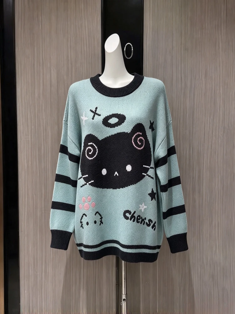 Y2K Harajuku Subculture Mint Green Cat Print Knit Sweater Women Striped Sleeve Fuzzy Fleece Oversized Casual Streetwear Outfit