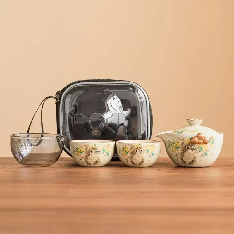 Cute Cat Ru Kiln Hand-scratched Pot Travel TeaSet Portable Bag Outdoor Camping Tea Express Cup 1 Pot 2 Cups Kung Fu TeaSet Gift