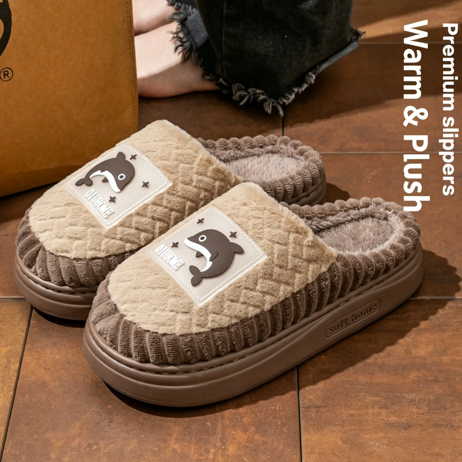 Cartoon Dolphin Plush Slippers Men Women Winter Warm Thick Sole House Shoes Indoor Fuzzy Non-Slip Comfortable Casual Footwear