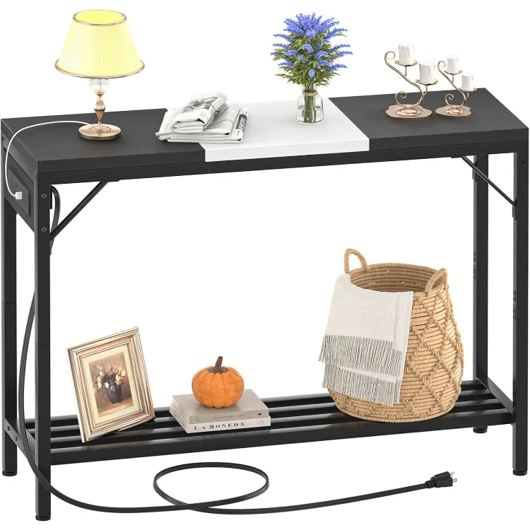 Narrow Console Table with Power Strips, Sofa Table with Storage Shelves for Living Room, 2-Tier Foyer Table