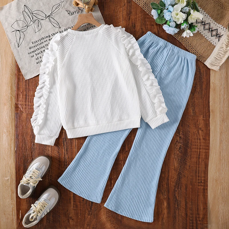 Girls 8‑12Y Autumn Winter 2Pcs Outfit Ribbed Ruffle Sleeve Sweatshirt With Bow Applique And Knit Flare Pants Daily Set