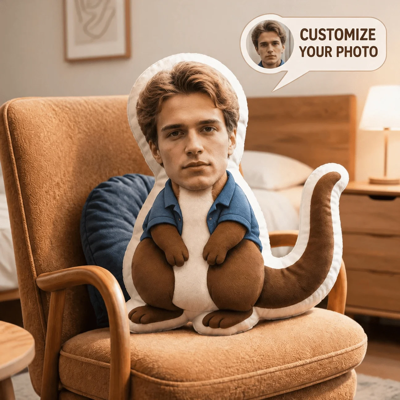Custom Face Funny Shaped Pillow, Personalized Photo Blue Shirt Decorative Cushion, Unique Home Decor Accent for Sofa & Bedroom,