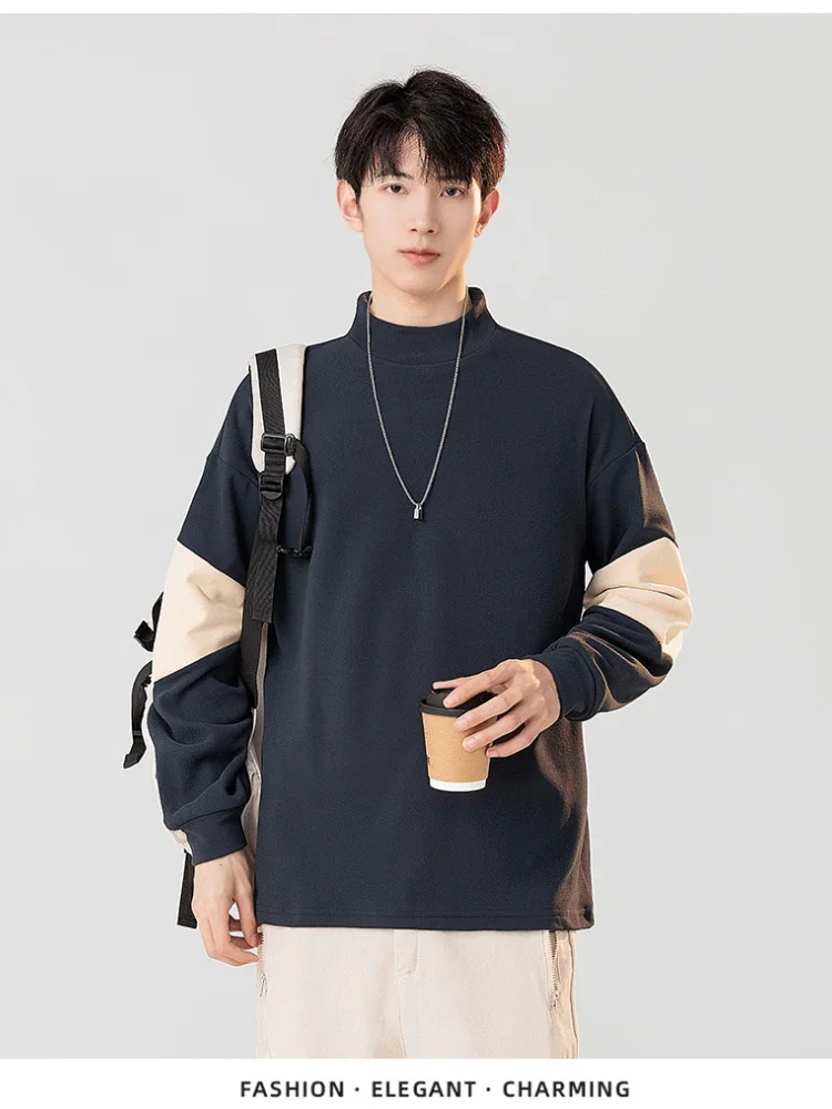 

Утепленный мужской свитшот с длинным рукавом и высоким воротником, осенне-зимний, базовый, однотонный