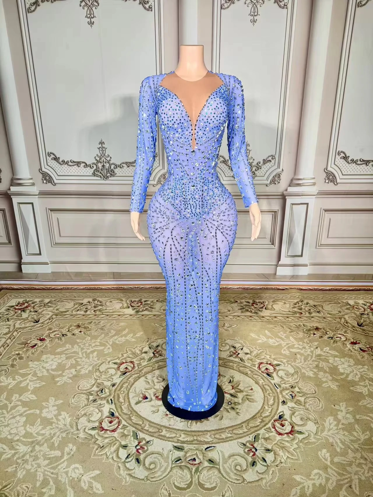 ZD เซ็กซี่ชุดสีฟ้าเวที Bling Silver Rhinestones วันเกิดฉลองเต้นรํายืดคริสตัลชุดพรหมนักร้องเต้นรําคอลเลกชัน