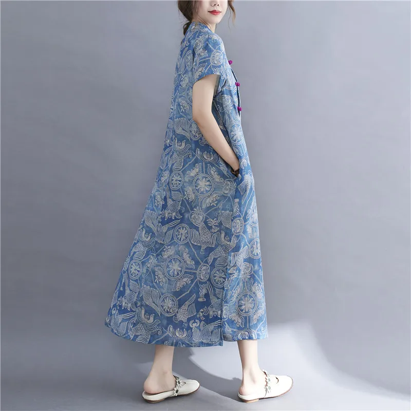 Estampado retro Dr Algodón Lino ort Sve Chino Sle Stand Collar Largo Dr Étnico Faion Commute Sle