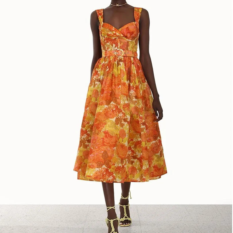 

Ele Orange Floral Print ter Dr Women's Premium Faionable Lady Sle Long Skirt without Sve Polyester Fiber