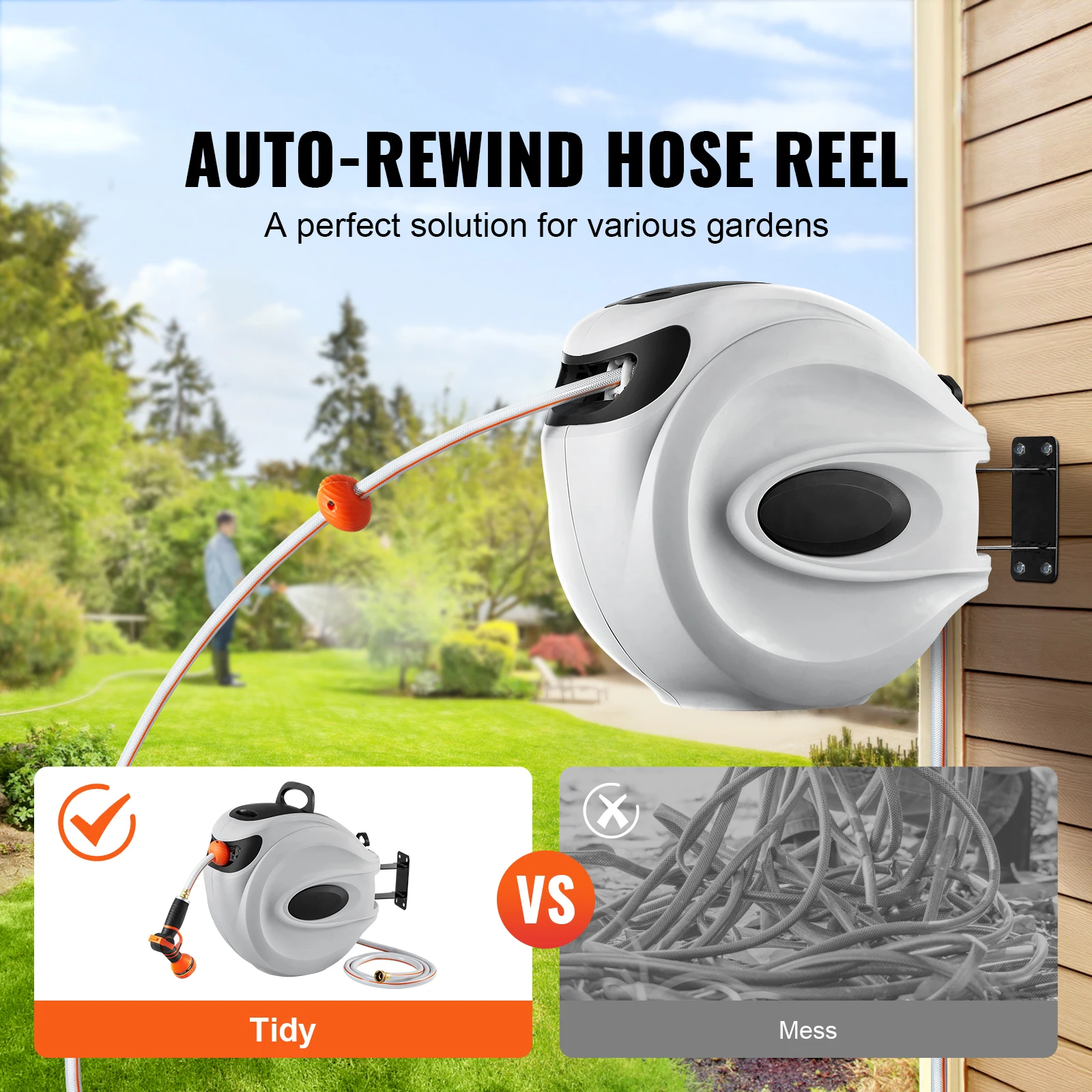 VEVOR Retractable Hose Reel 180° Swivel Bracket Wall-Mounted Garden Water Hose Reel with 9-Pattern Nozzle Automatic Rewind