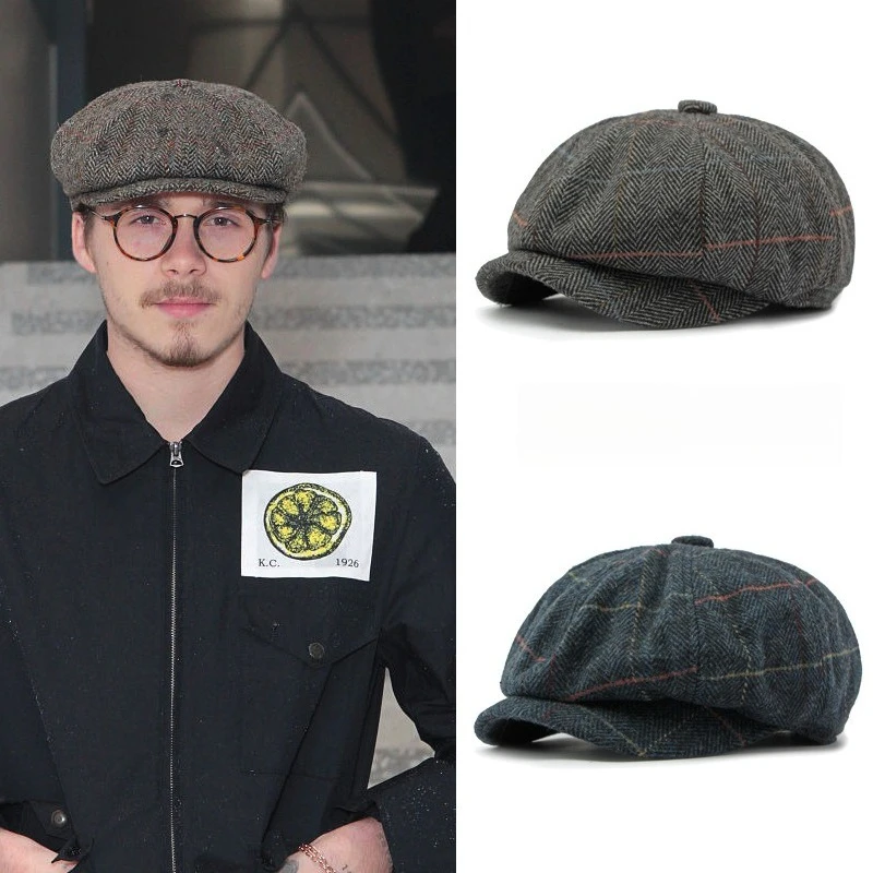 Vintage Plaid Tweed Newsboy Cap British Herringbone Octagonal Cap Warm Wool Blend Hat Autumn Winter Gentleman Driving Beret Cap
