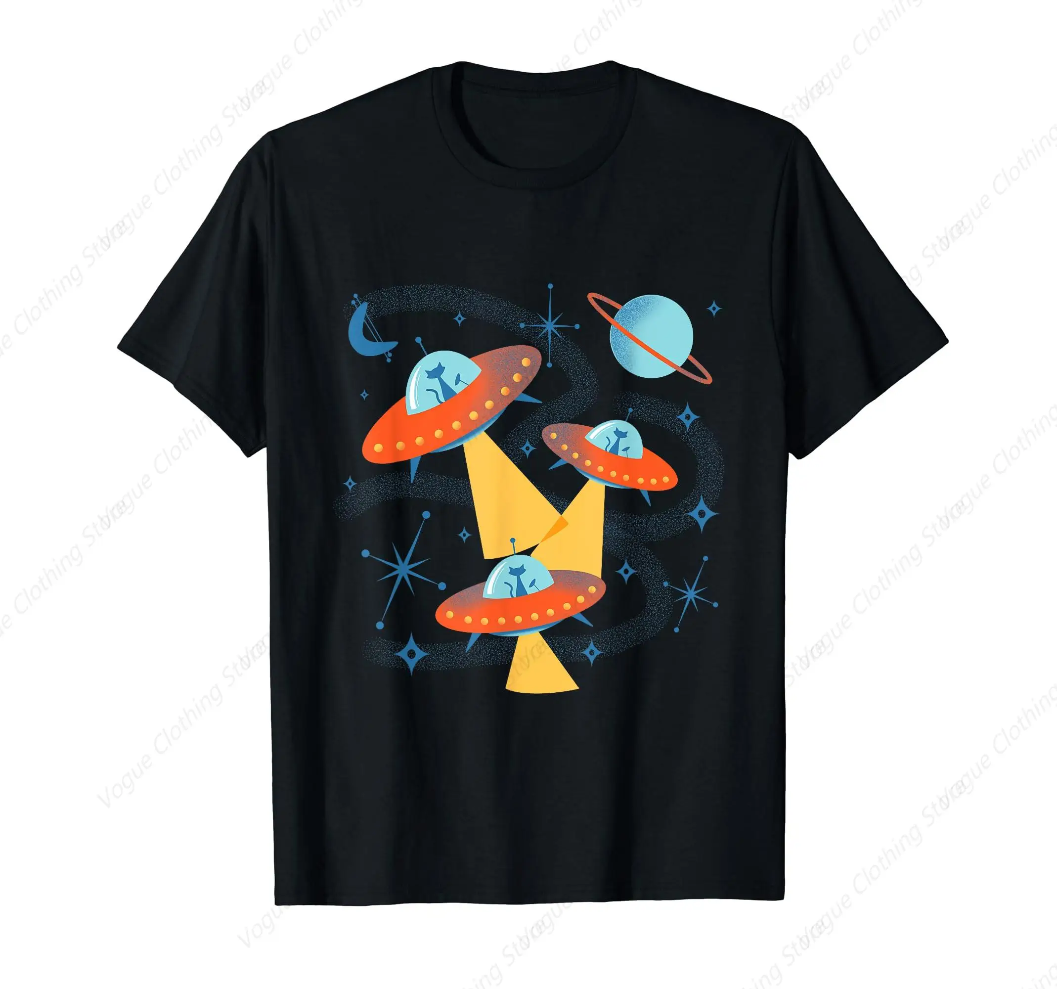 Atomic Age Space Cadets Cats In Retro Flying Saucer UFOs T-Shirt Graphic Clothing Gifts Leisure Short Sleeve Daily Comfortable T