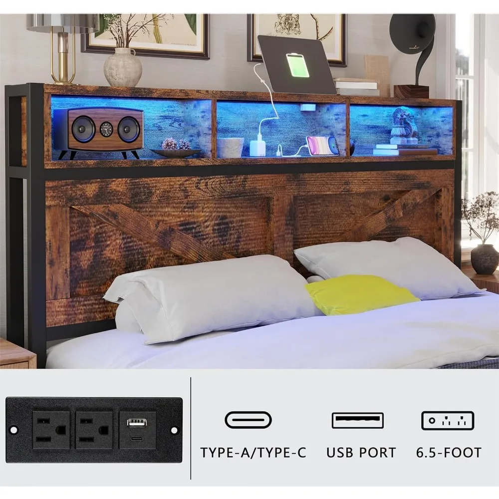 Struttura letto king size per fattoria con testiera libreria, cassetti portaoggetti, luci a LED e stazione di ricarica: nessuna scatola di molle richiesta