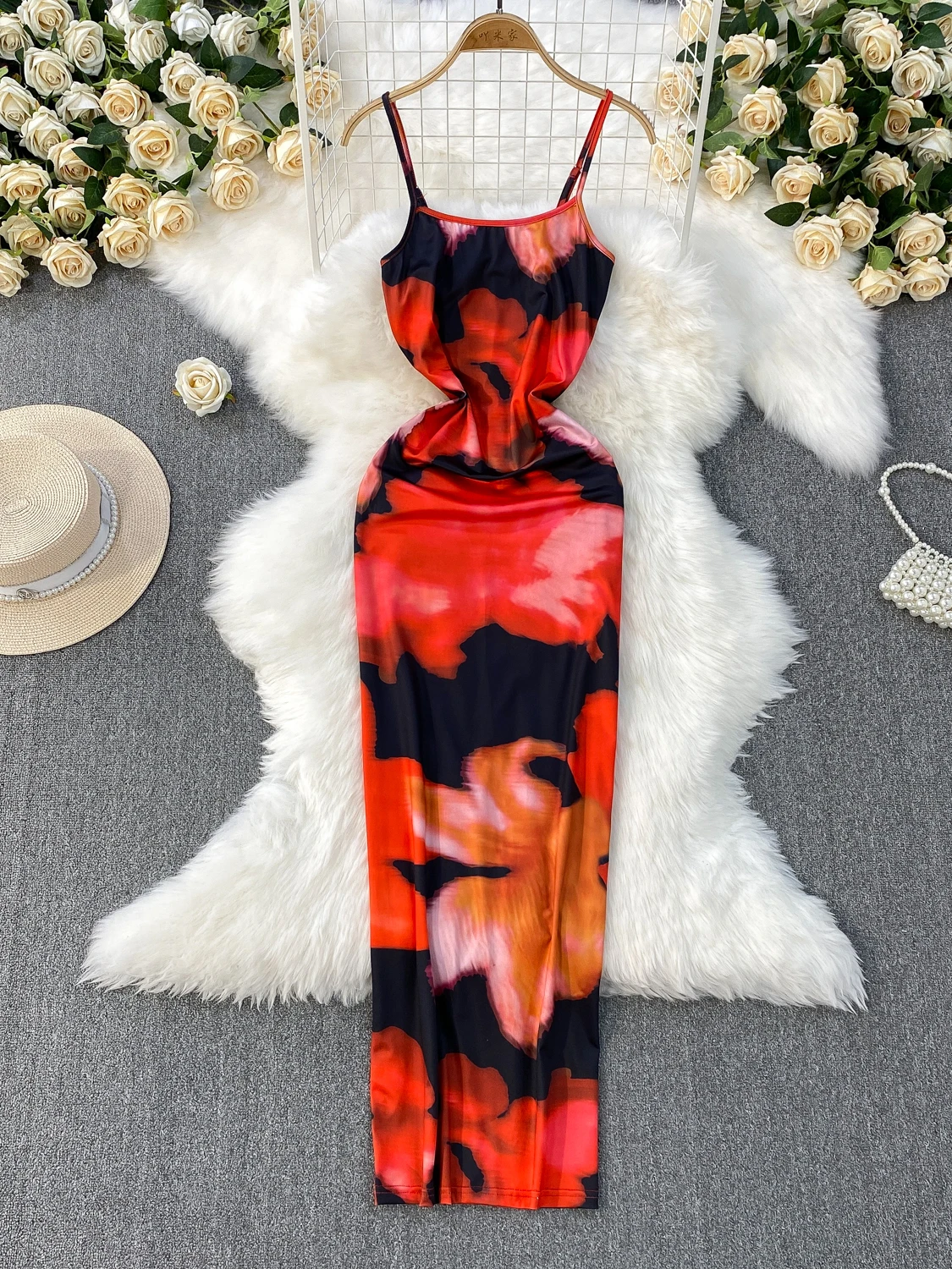 

Women Sleeveless Print High Waist Slim Suspender Sexy Backless Split Long Dress Y2k Party Club