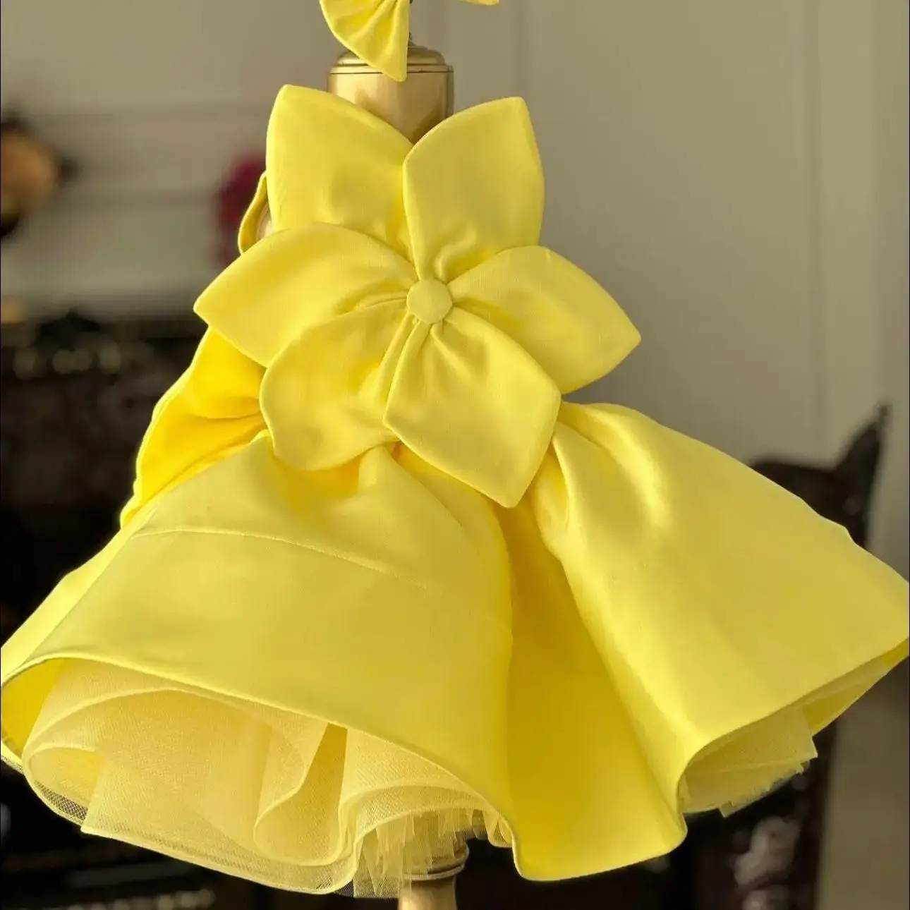 Yellow Floral Girl's Birthday Party Gowns Elegant Bow Flower Girl Dresses for Wedding Customized Kids First Communion Dress