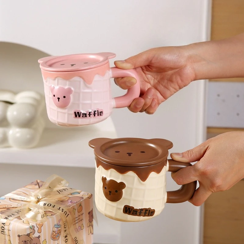 

Cute Little Bear Waffles Breakfast Cup Cartoon Embossed Mug with Lid Spoon Couple's Household High Appearance Level Ceramic Cup