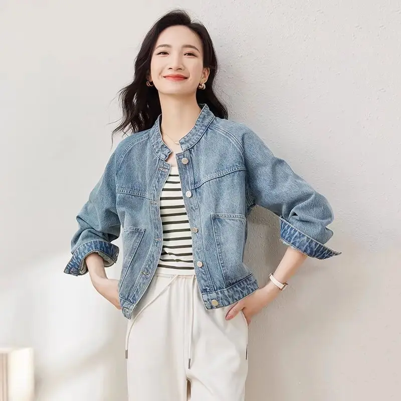 Fashion Washed Denim Short Jacket Coat 2025 Women's Spring Autumn New Single Breasted Stand Collar Long Sleeve Top