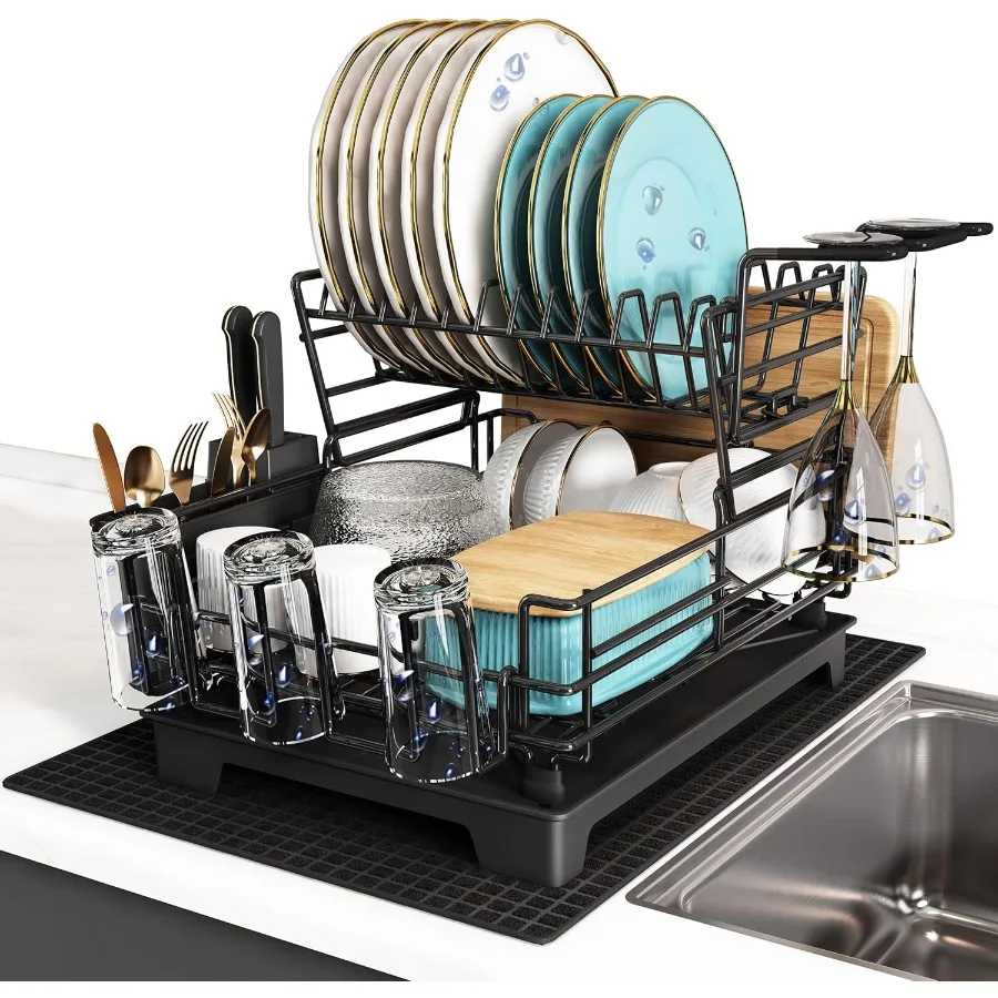 

2 Tier Black Large Stainless Steel Dish Drainers Drying Rack for Kitchen Counter with Drainboard Rust Proof Metal Space Saving