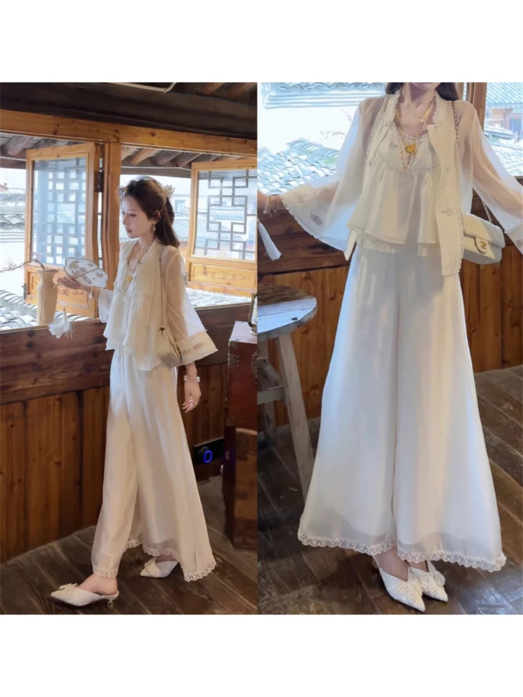 

New Chinese Style Women's Fashion Set Gentle Series Age Reduction Shirt Strap Long Pants Whole Set OOTD Spring Collection