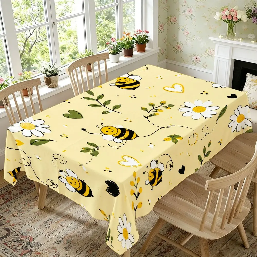 Cute Bee And Daisy Pattern Tablecloth - Whimsical Floral Farmhouse Style Table Cover, Soft Yellow Backdrop, Durable Fabric, Perfect for Spring Summer Dining, Kitchen Decor, Garden Party, Picnic, Indoor And Outdoor Use, Easy Care