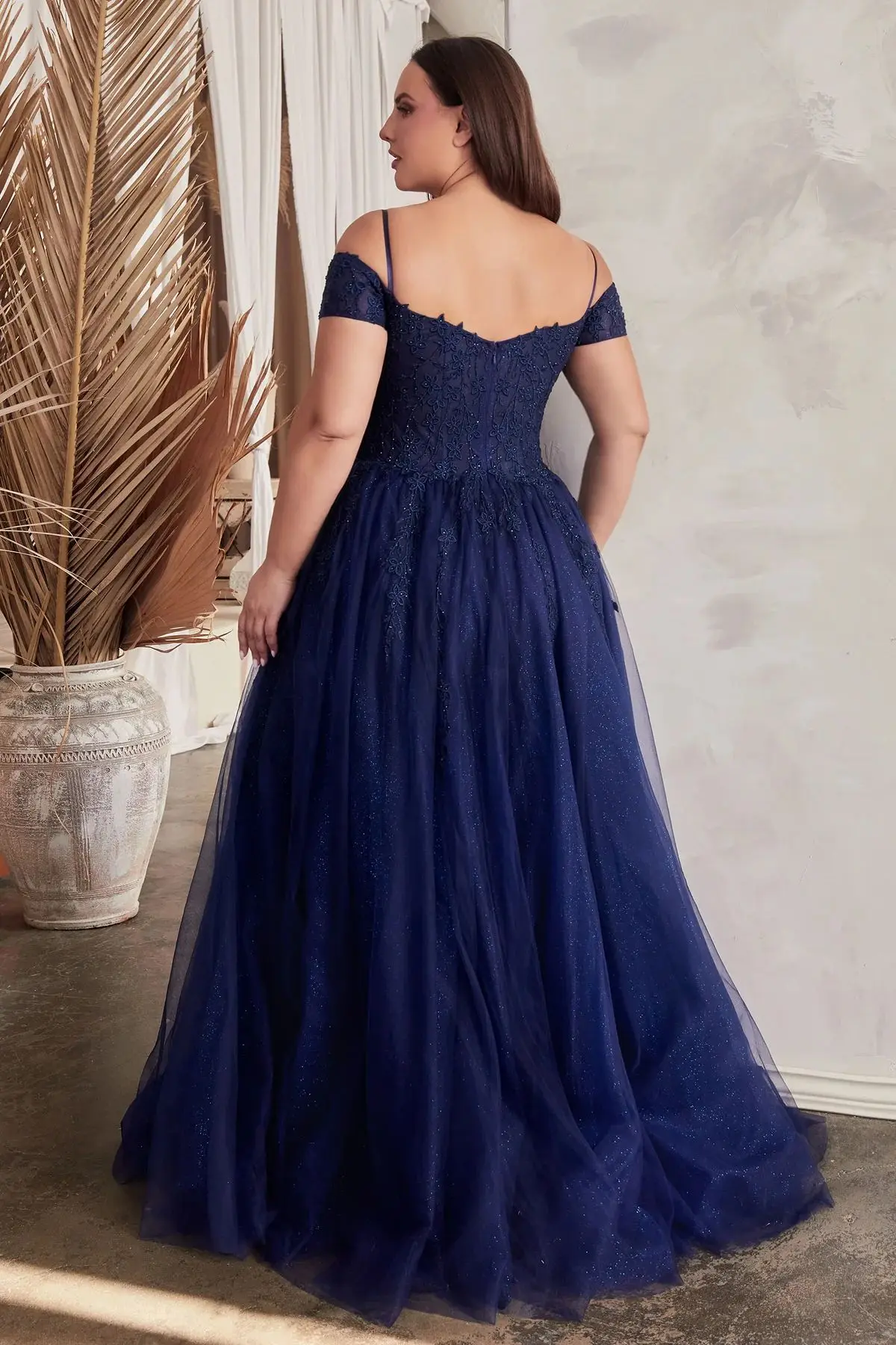 Sparkly Misty Blue Tulle Off Shoulder A-line Prom Dress Spaghetti Straps Appliques Sequins High Slit Backless Evening Dresses