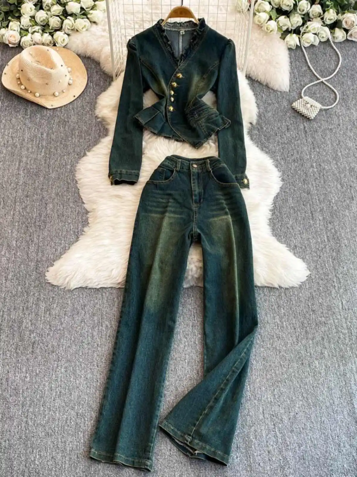 Women Fashion Denim Long Pant Suit Spring V-Neck Gold Button Slim Coat+High Waist Straight Jeans Two Piece Set