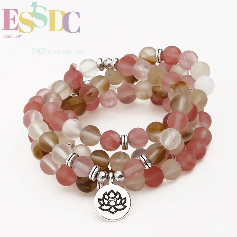 Natural Watermelon Rind Stone  108 Mala Lotus Pedant  or Necklace Energy Yoga Bracelet Fashion Female Jewelry