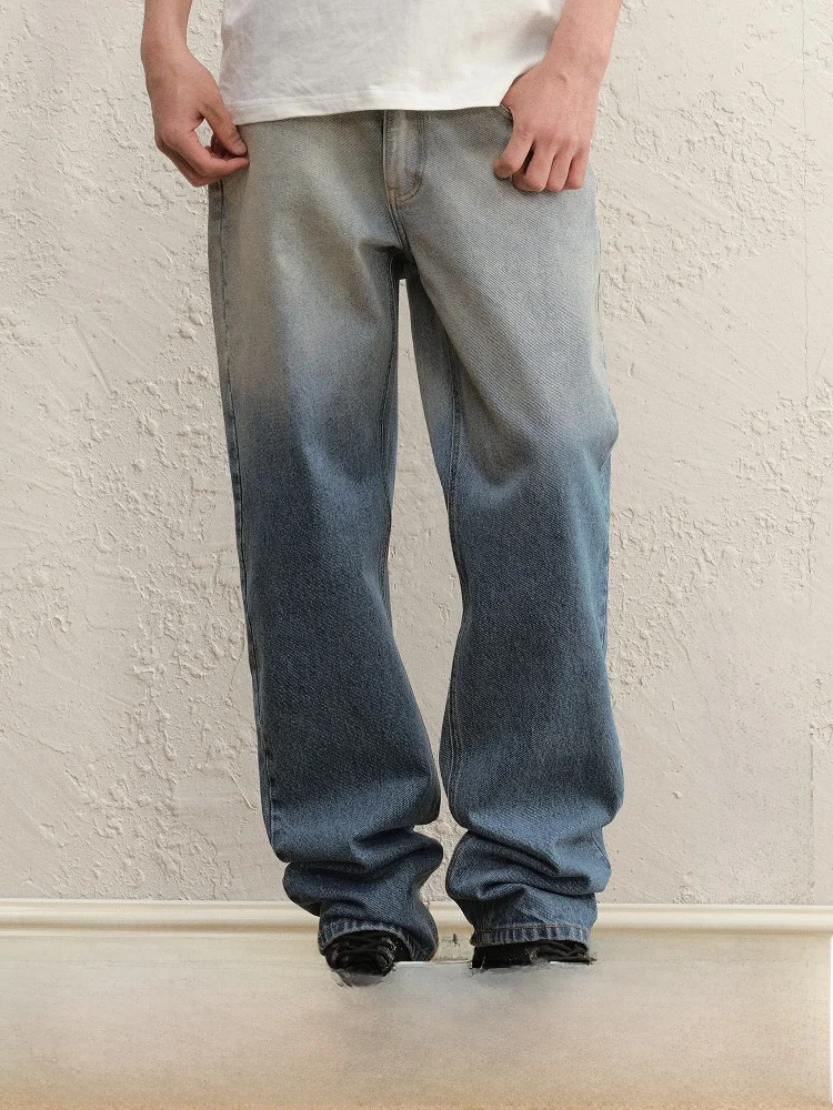

Мужские джинсы с эффектом потертости, синие, свободного прямого кроя, повседневные брюки в американском стиле, удобные, дышащие, из смесового хлопка и полиэстера