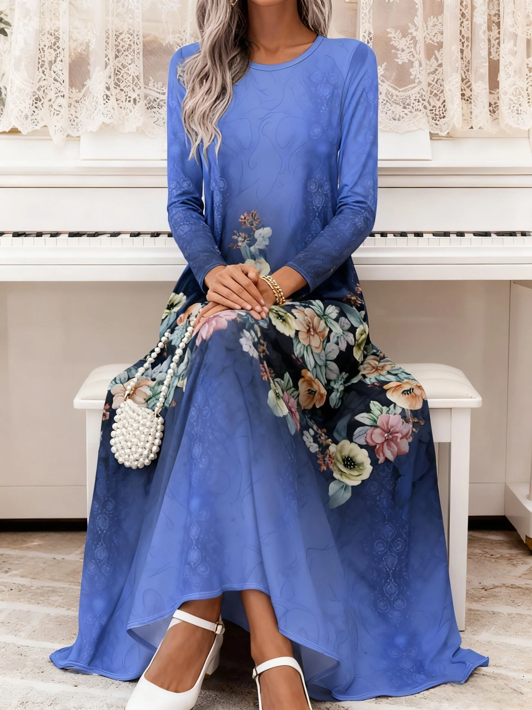 Damen-Kleid mit langen Ärmeln und Rundhalsausschnitt, lässig, für den Sommer, Urlaub, Party, Büro, Arbeit, A-Linie, Midikleid, leicht, atmungsaktiv, modisch