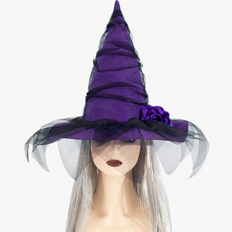 Halloween Party Witch Hats Veil Flower Pointed Hat Cosplay Accessory Unique Witch Hat Cosplay Accessories