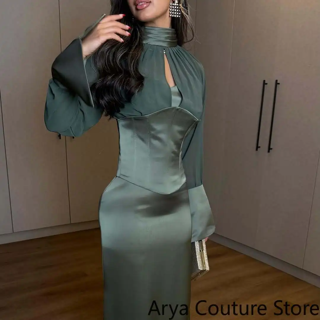 Customized Elegant Sage Green Modest Two‑Piece Evening Gown High Neck Keyhole Cutout Long Flare Sleeve Structured Corset