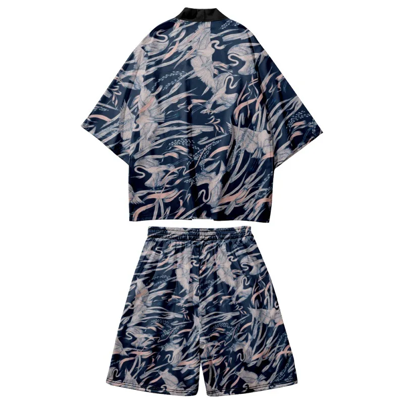 

Japanese Cosplay Crane Print Cardigan Harajuku Kimono Shorts Sets Yukata Casual Vintage Shirt Women Men Haori Two-piece Suit