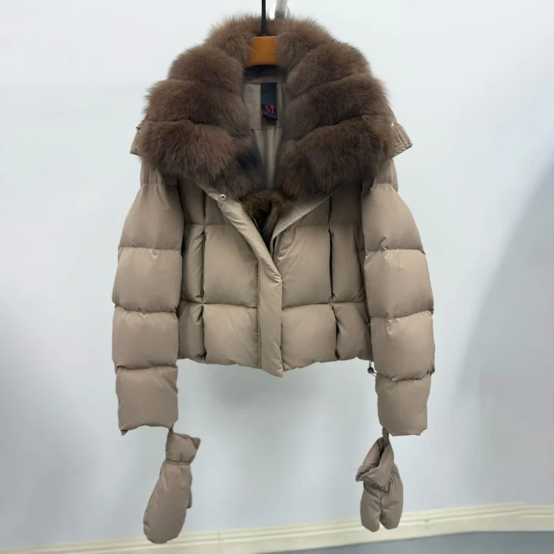 Alta qualidade inverno novo feminino gola de pele de raposa com capuz jaqueta y2k moda casual grosso quente ganso para baixo casaco luvas quentes