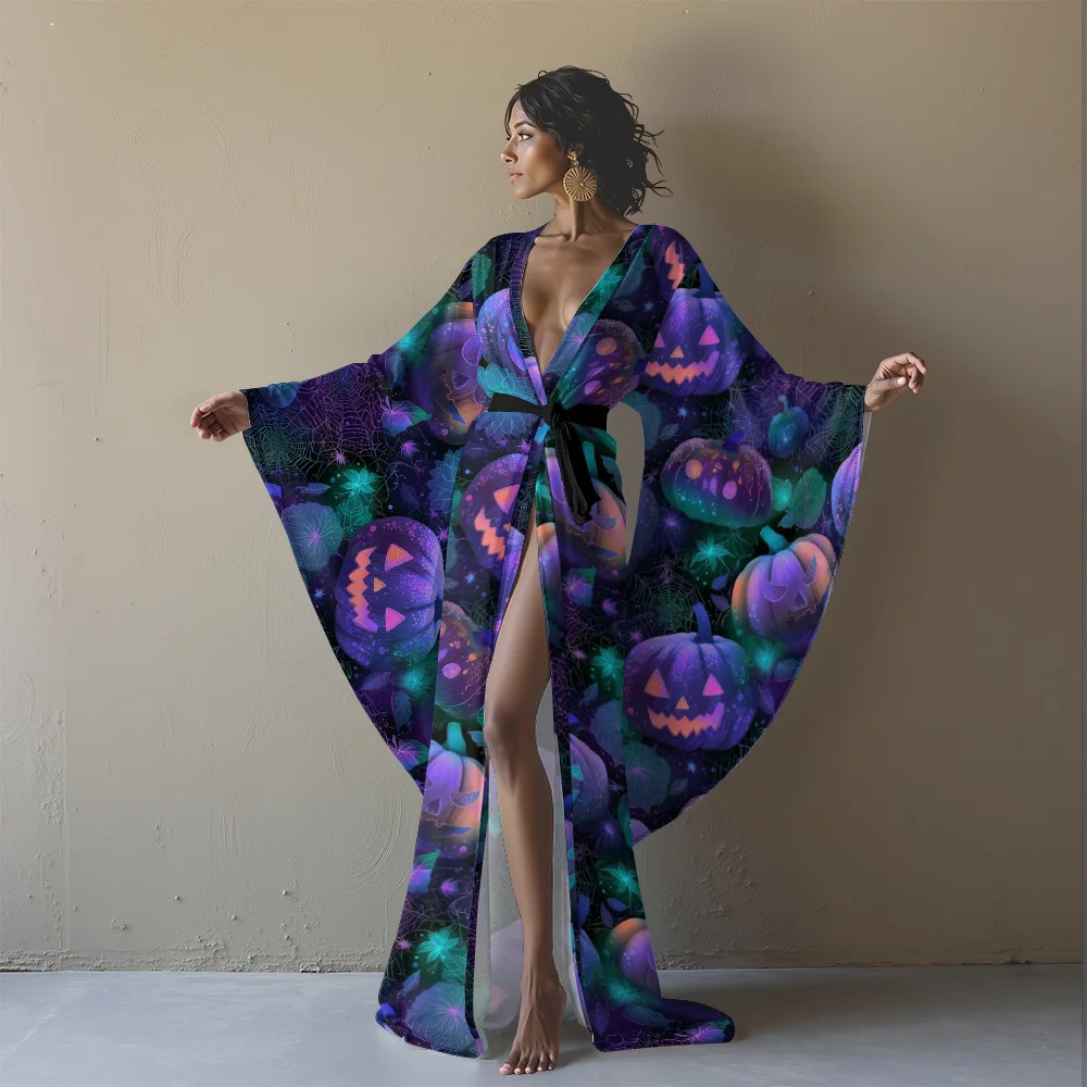 

Elegant Long Sleeve Halloween Robe Vampire Cloak with V-Neck and High Slit Party Dress Holiday Sexy Cosplay Cover-Up Plus Size