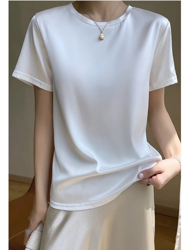 Summer Short-Sleeved Women\'s Acetic Acid T-Shirt Satin New Simple Loose Round Neck Vest Top Joker Slim