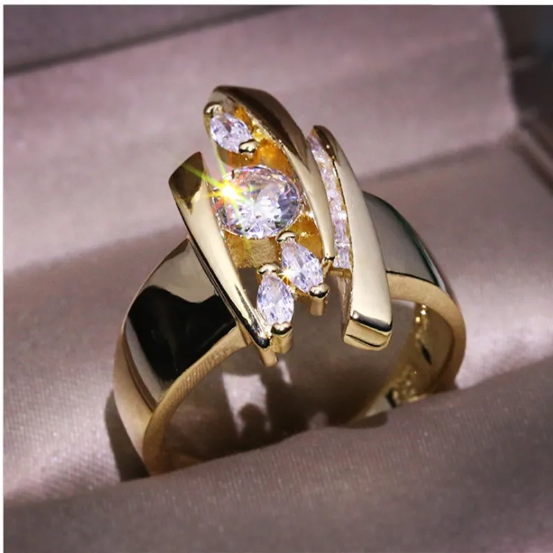 ORZTOON Personality Exquisite Geometry Gold Color Inlaid Sparkling Zircon Ring For Women Birthday Party Fashion Jewelry