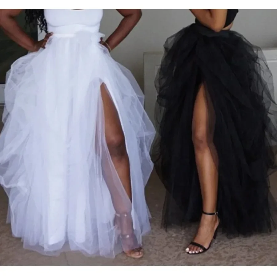 White black Fashion Women Maxi Tull Skirt Elastic High Waist  Front Split Irregular Princess Party Tutu Skirt