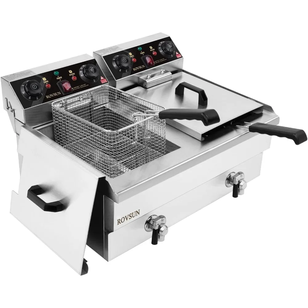 24.9QT Electric Deep Fryer w/Frying Baskets Timer Drains & Lids, Dual Tank Kitchen Countertop Commercial Frying Machi