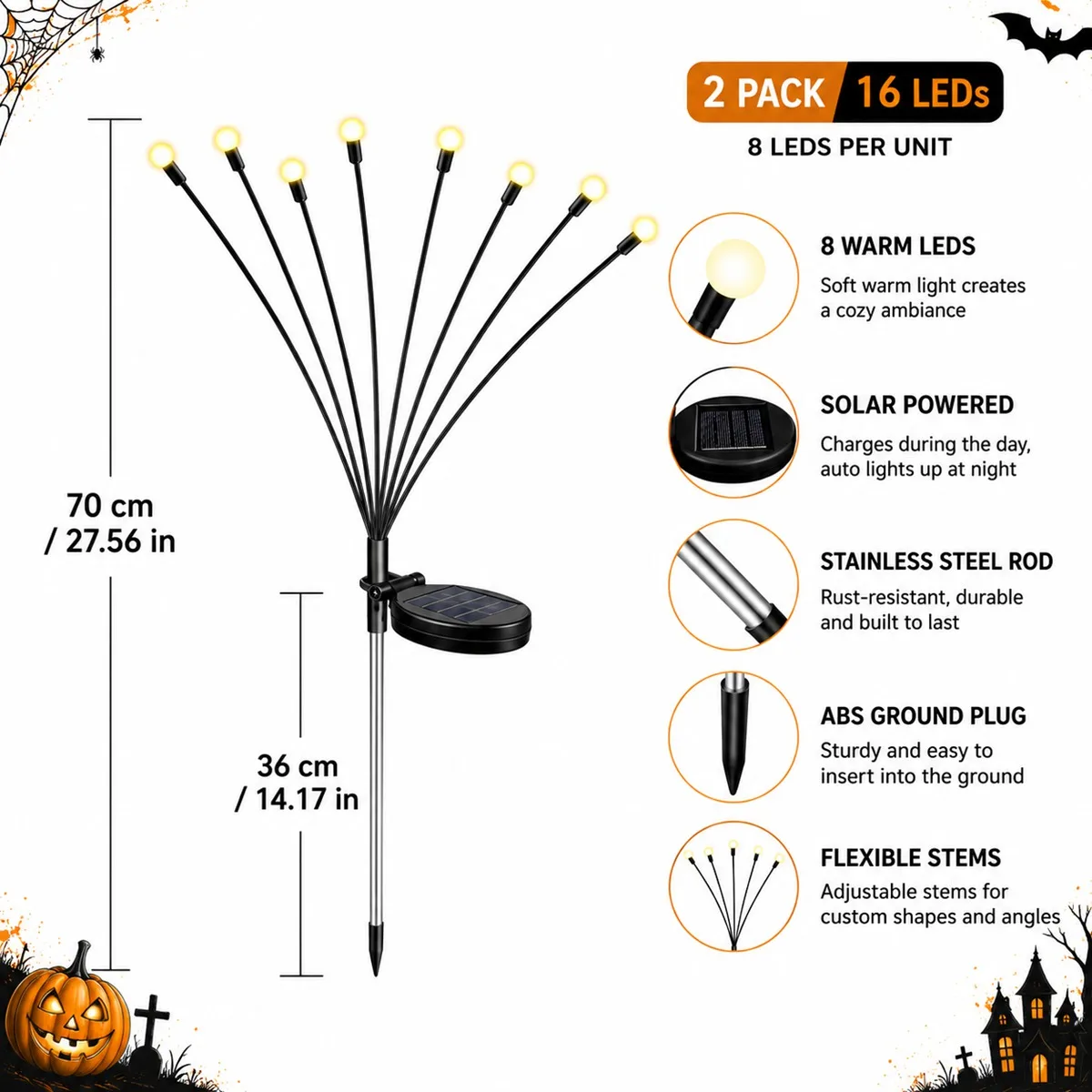 2 Pack Halloween Solar Firefly Lights 16 LED Spooky Garden Decoration Lights, Warm White Solar Powered Outdoor Pathway Lights with 2 Lighting Modes for Yard Lawn Patio Walkway Tree Fence Party Holiday Decor